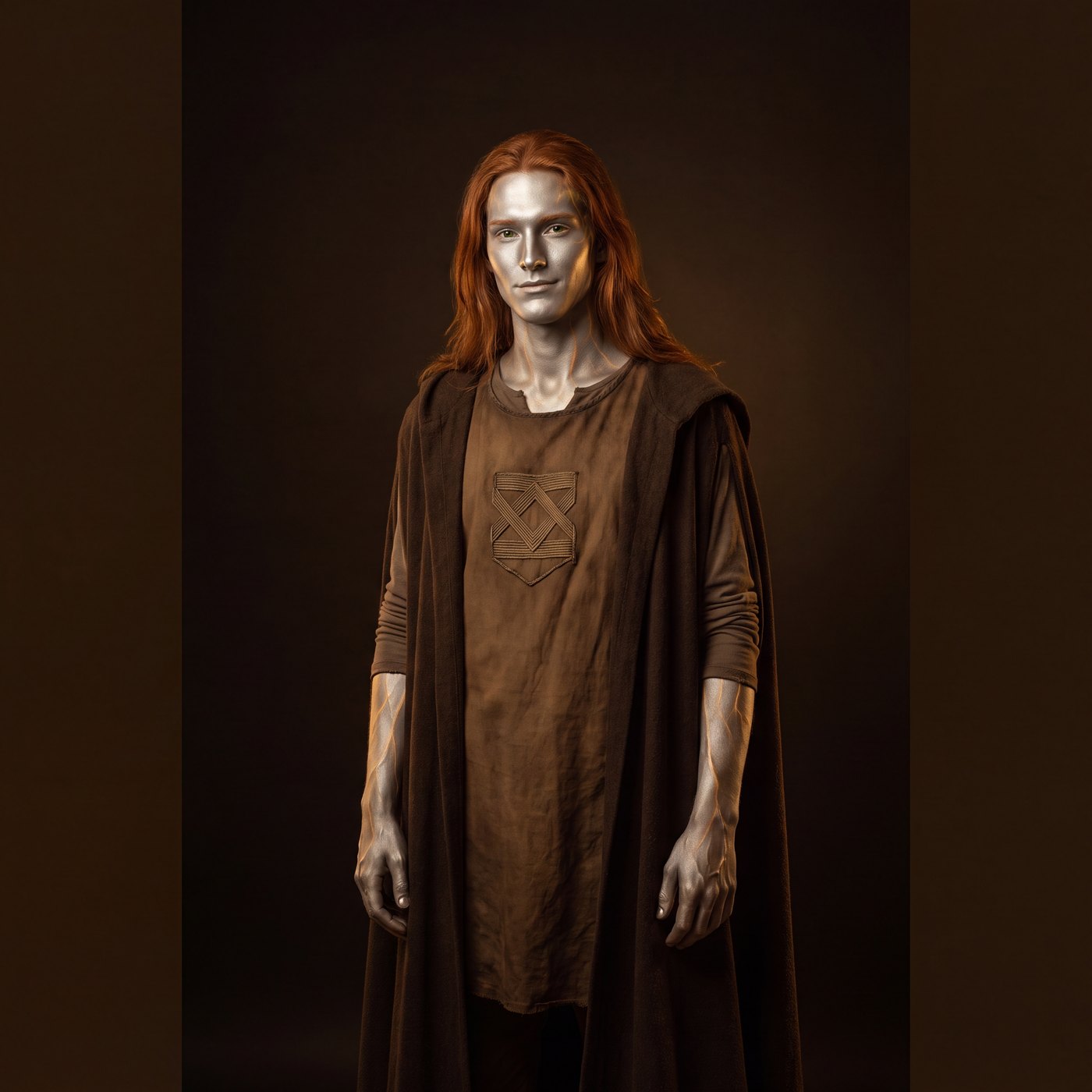 Callum — son of Kairos and Lyra, red hair, silver skin, in a brown robe