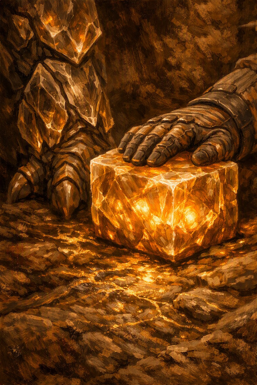 A gloved Martian hand and a crystalline Nymbrak limb resting on a glowing block of Coldstone
