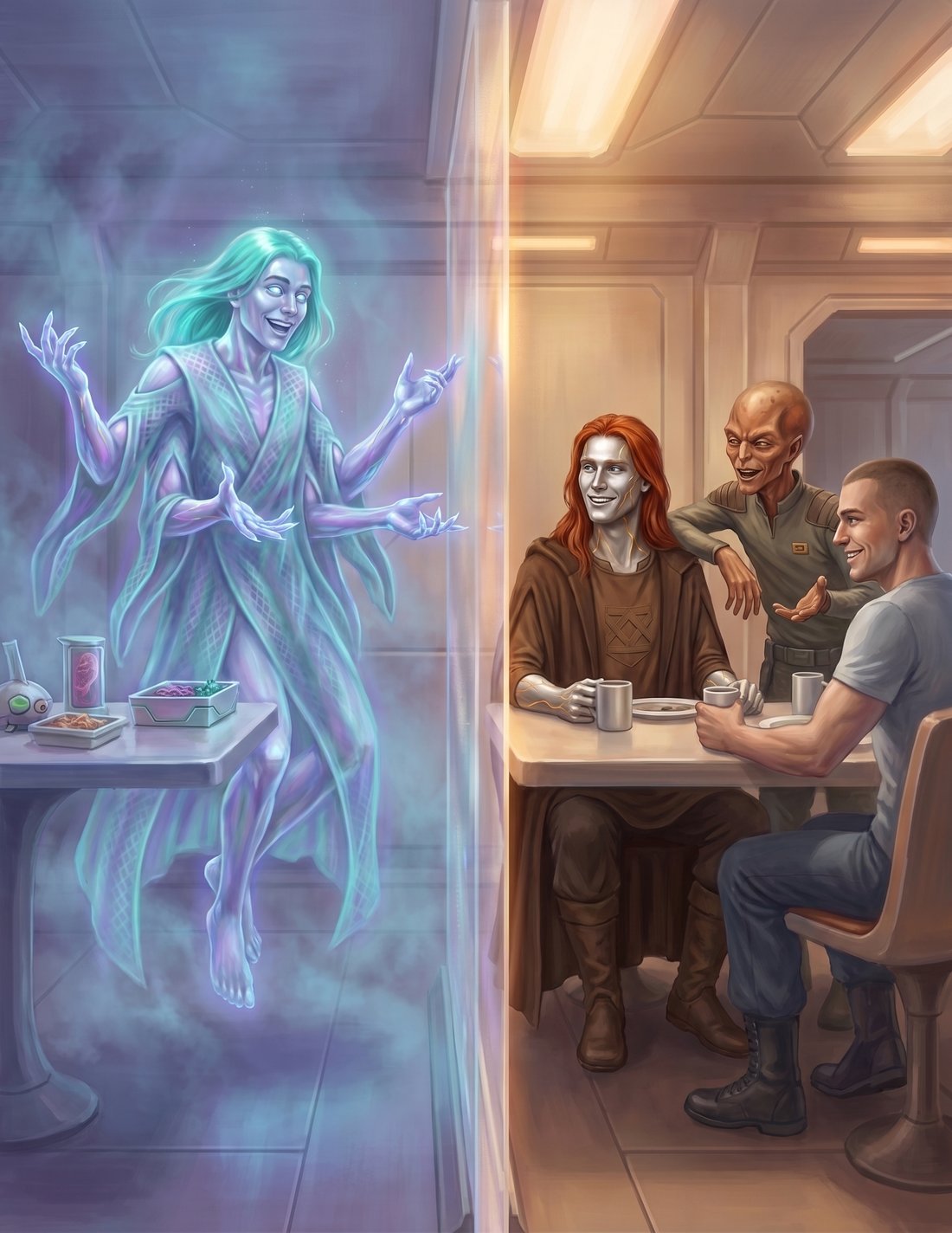 The crew shares a meal aboard VEGA II, a wall between the tables