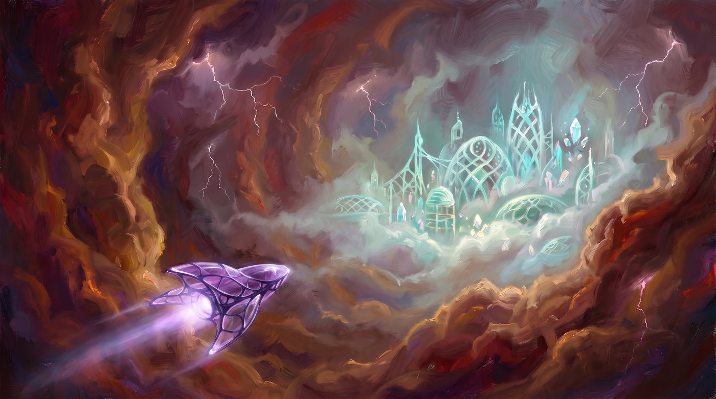 A Zzoertian shuttle flies toward a crystal city inside a storm