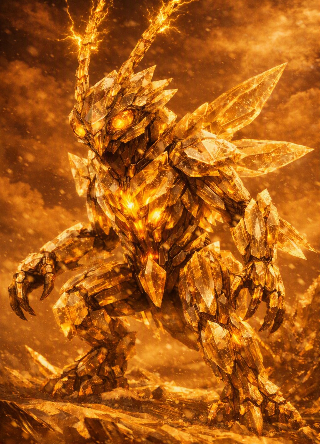 A crystal warrior of Triton, lightning at its antennae, in a golden storm