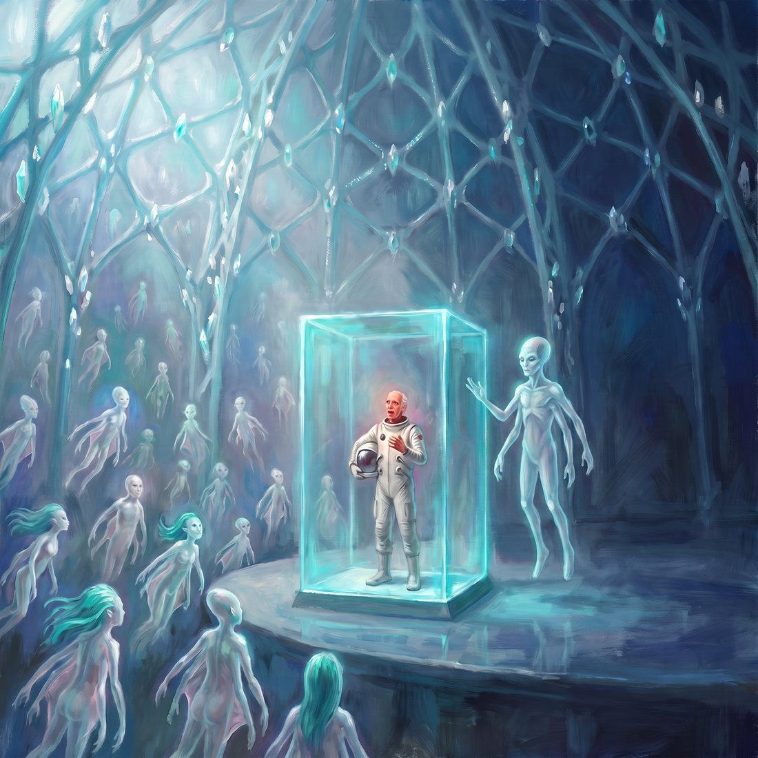 Trytel, helmet off, in a glass cube before the Zzoertian dissenters