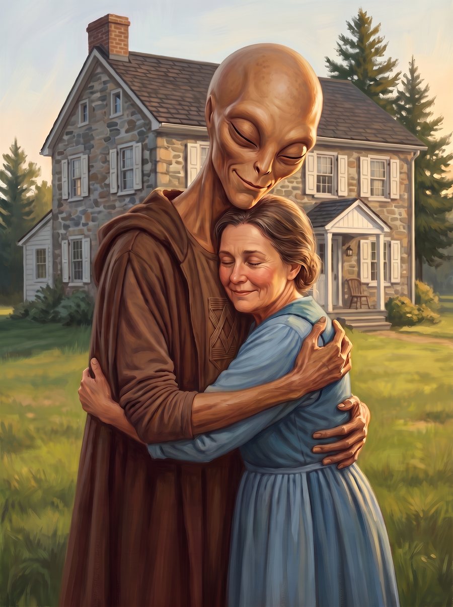 Sstyl embraces Ellen Grady in front of a stone farmhouse