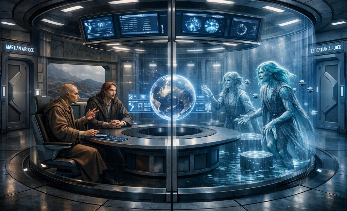 Callum and the Elder meet Zztet and Amy across a glass wall, two airlocks behind them