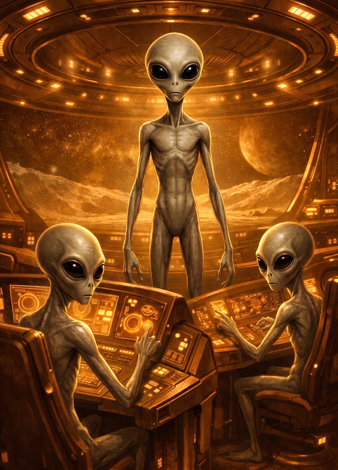 Three Greys at the consoles of their ship, a moon's surface beyond the window