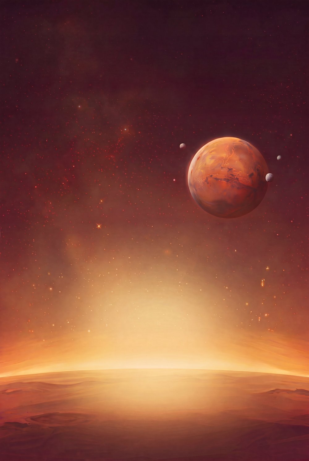 Mars and its moons above a desert plain at dawn