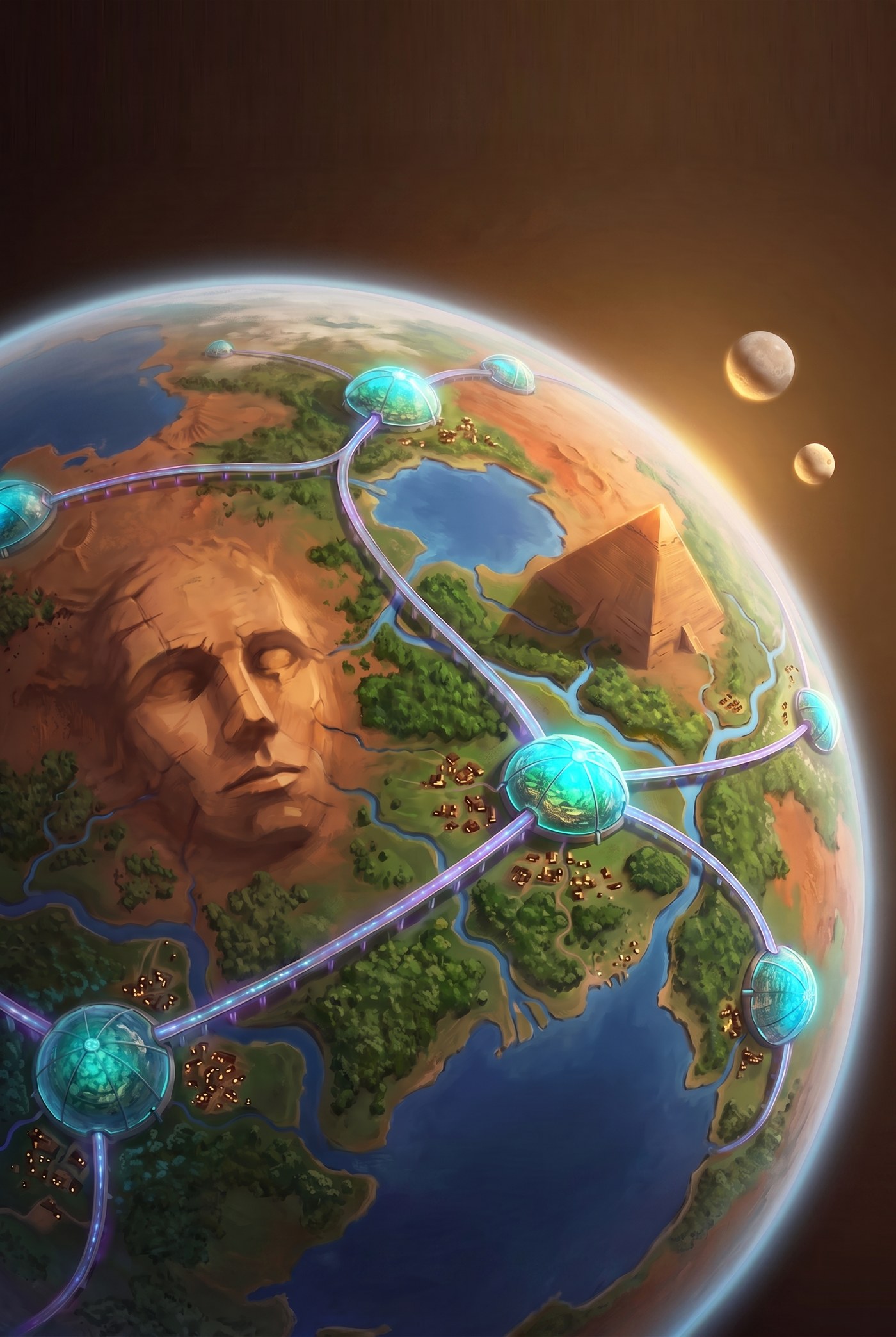 New Mars — green lands, biodomes and glowing pathways, a great face carved in the terrain