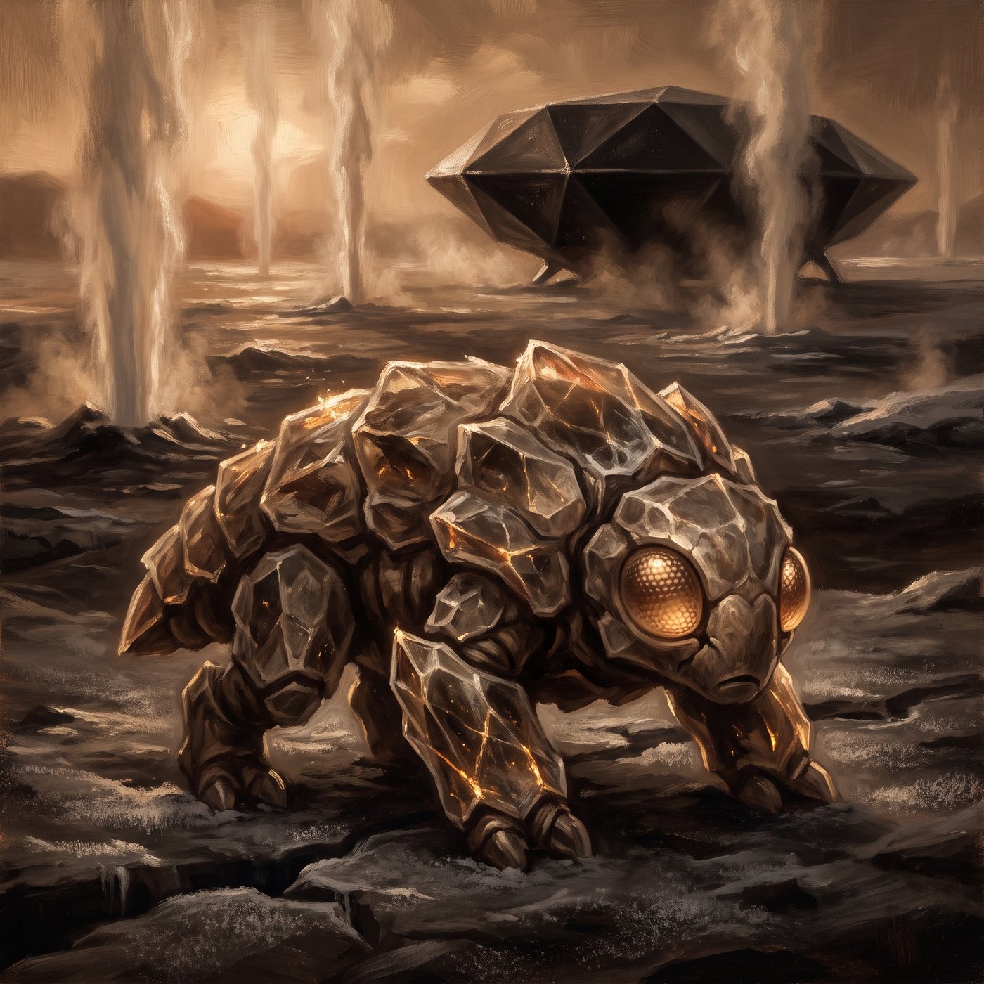 A Nymbrak, crystal-armored and four-legged, on Triton's geyser plain with its black-diamond ship behind