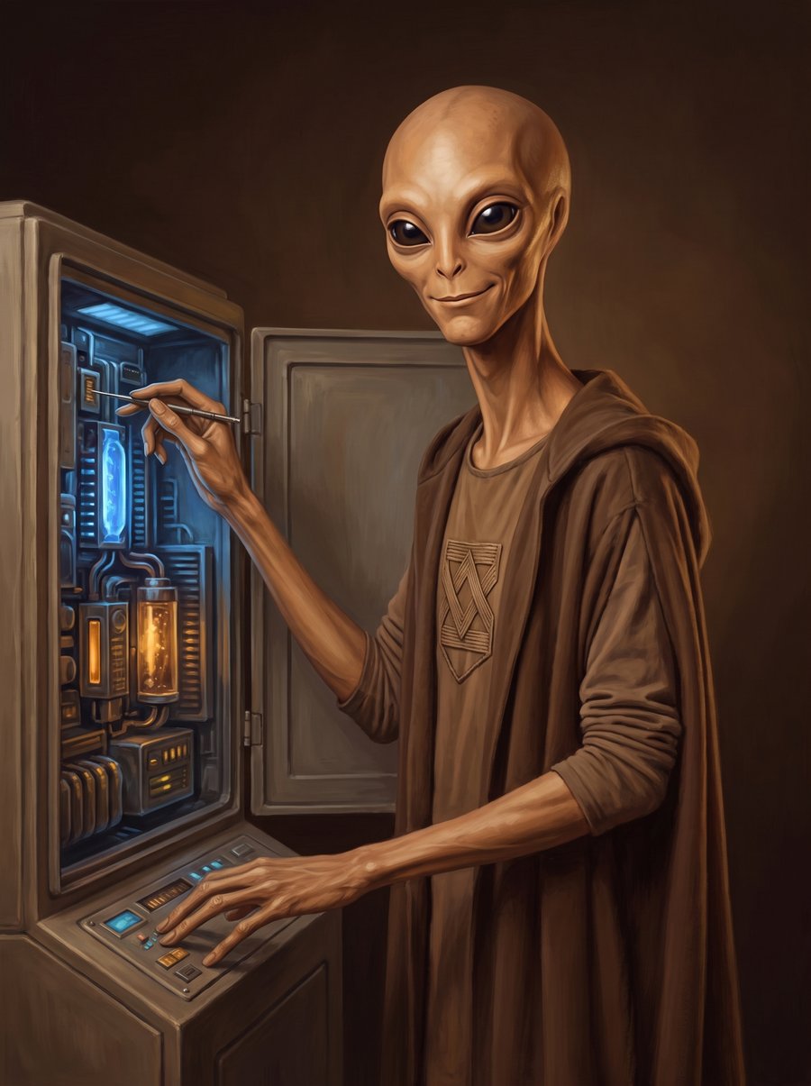 Sstyl the Martian engineer at an open panel