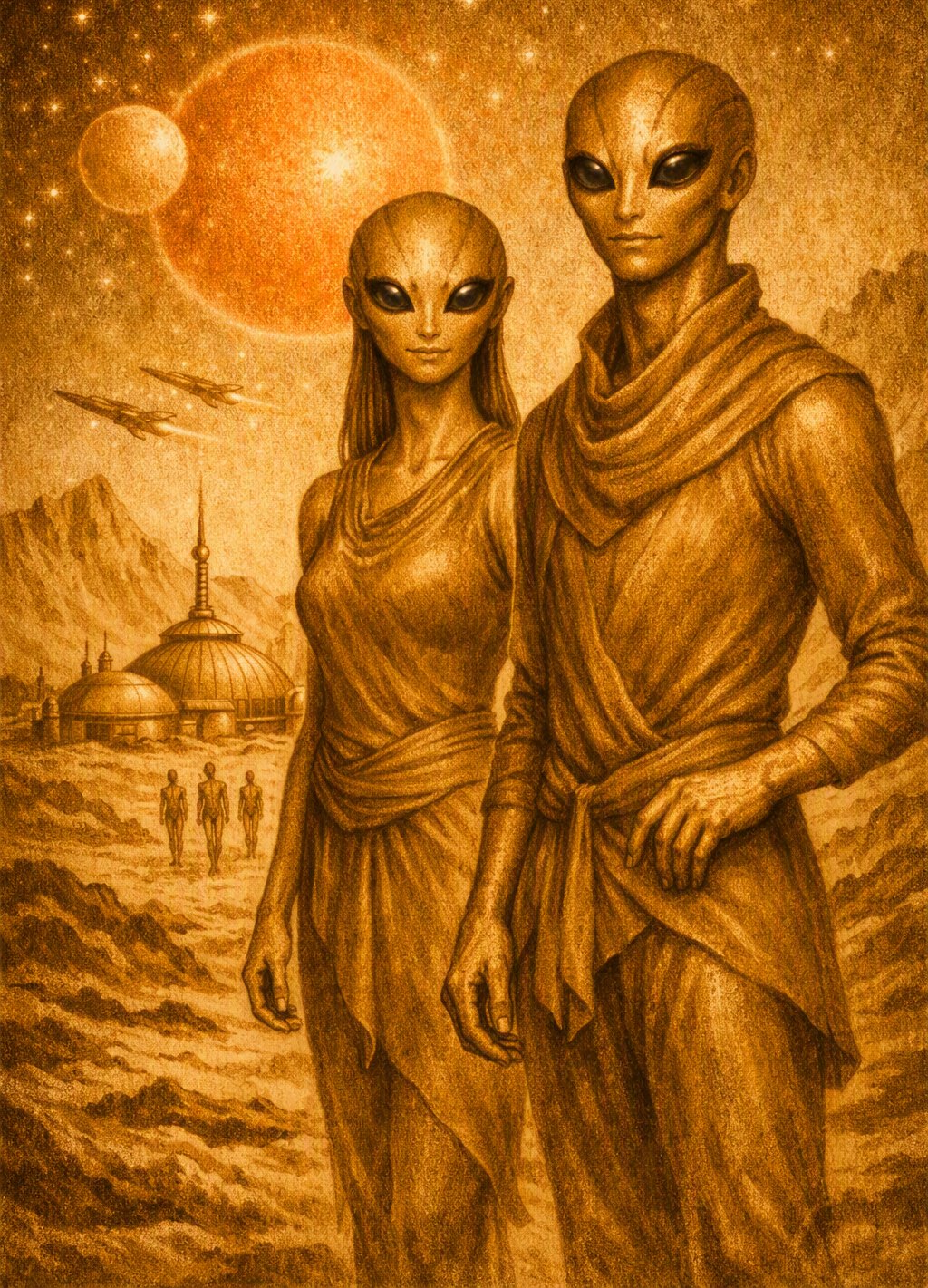 Two slender visitors in robes before domed buildings under a red sun and its moon