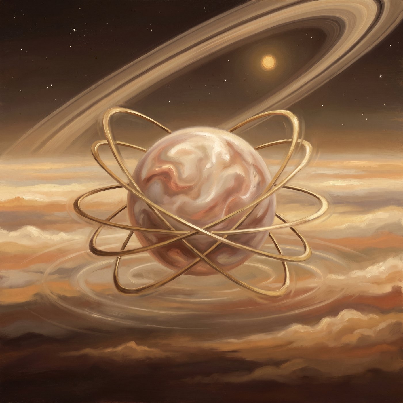 A Voralune — a pearl sphere inside six spinning gold rings — above Saturn's clouds