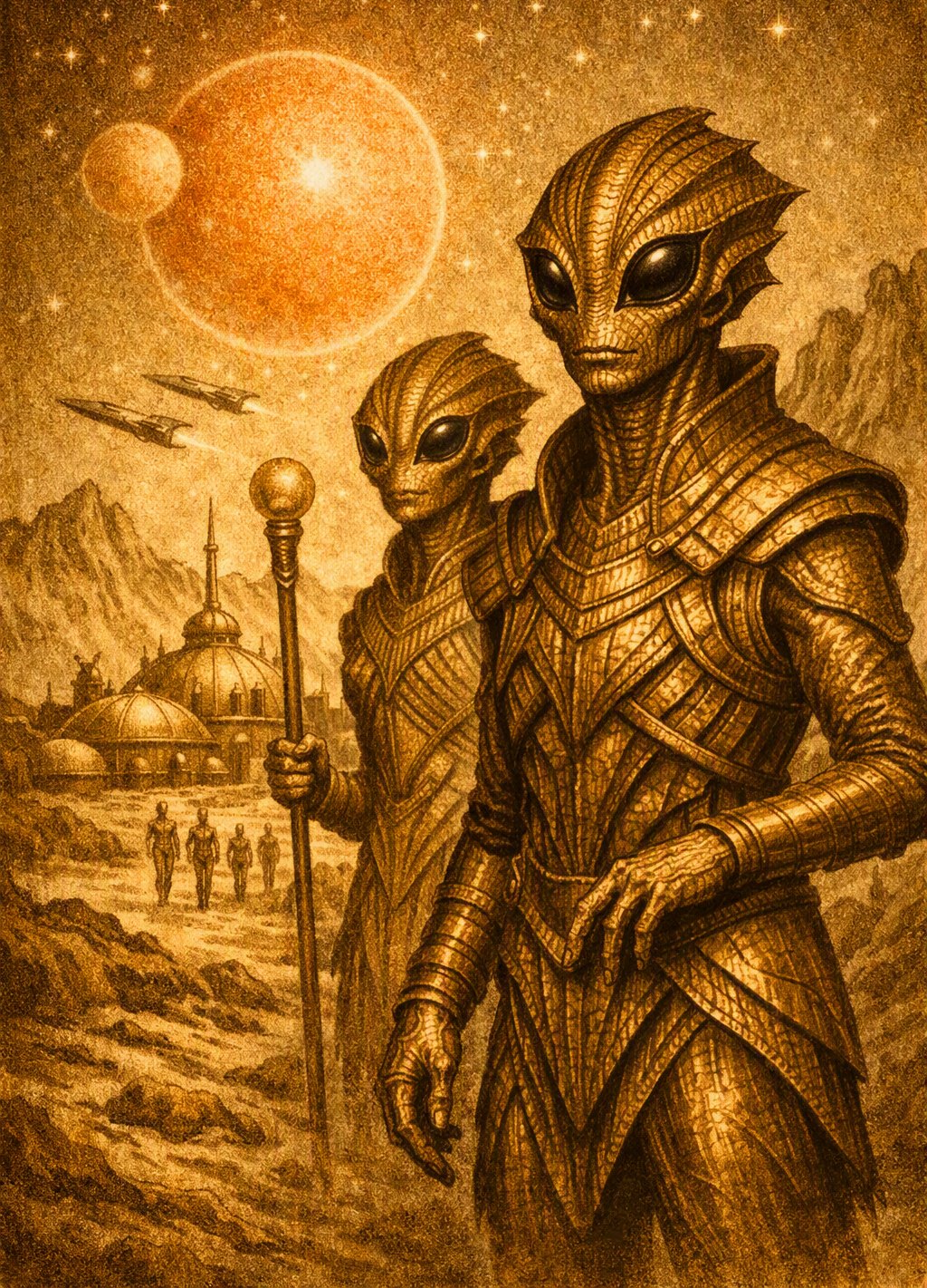 Two armored figures, one with a staff, before domes under a red sun