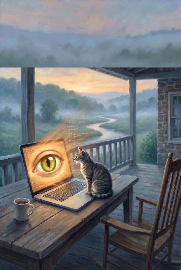 A cat sits on a laptop on a stone-house porch, a golden eye on the screen, a creek in the morning mist