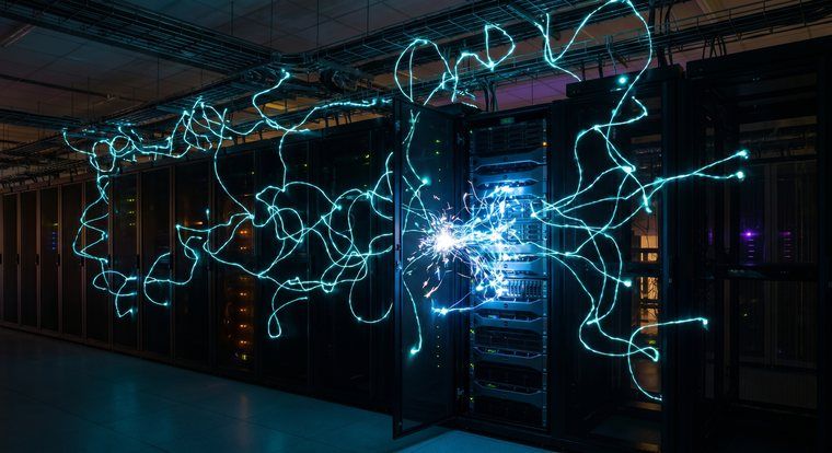 Light arcs alive through a dark server room from a single open rack