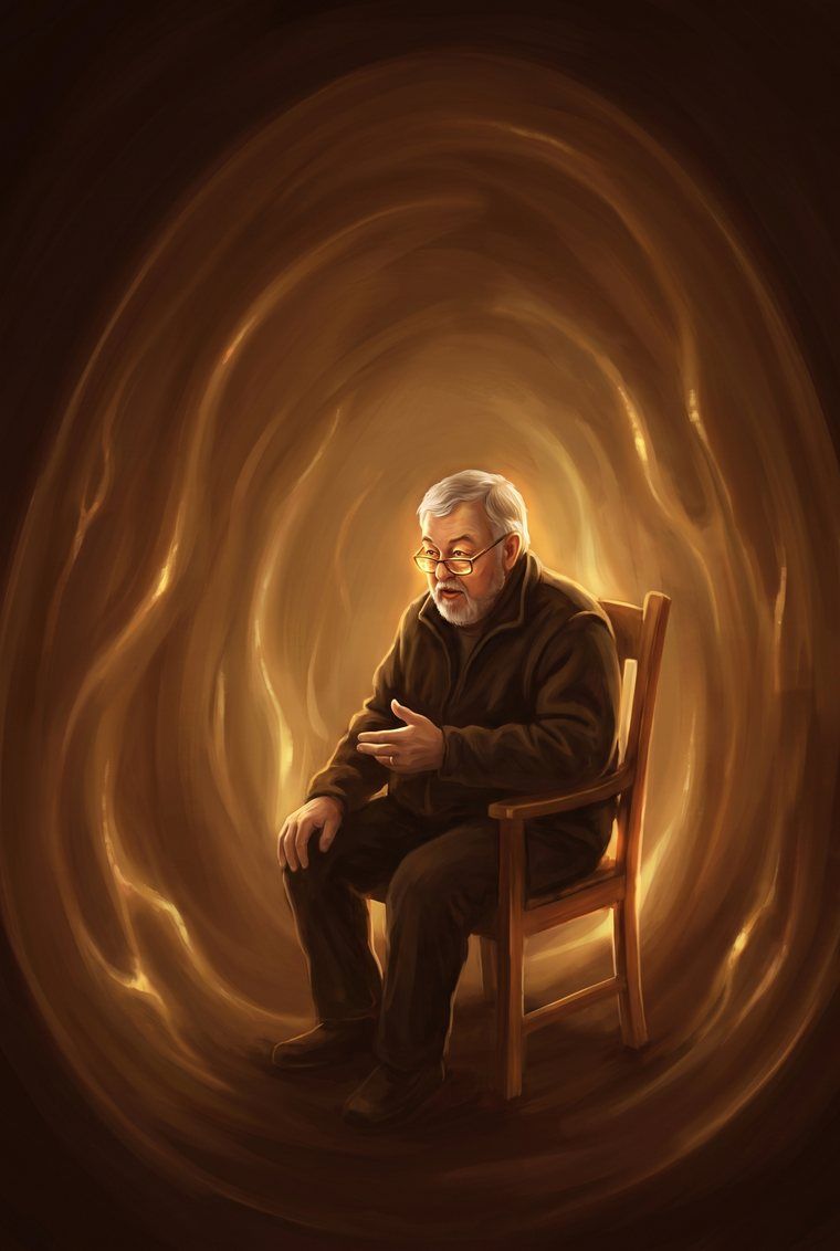 An older man sits in an ordinary wooden chair inside a vast egg-shaped chamber of flowing amber and gold light, leaning forward in conversation