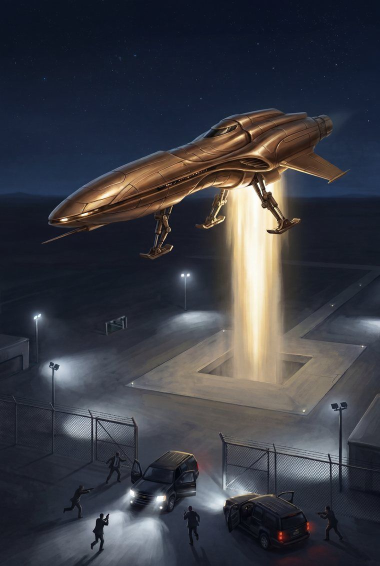 A bronze shuttle bolts straight up from a night launch pad on a column of gold fire while government men at the gate raise weapons too late