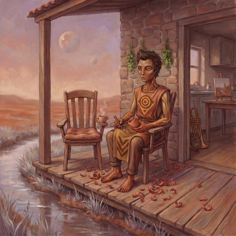 Kairos sits on a porch by a creek carving a wooden cup, an empty chair beside him with a steaming cup waiting