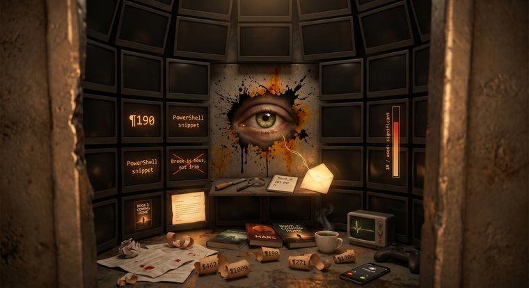 A small room walled with dark monitors, an eye watching through a hole in the wall, paragraph shavings curled on the floor beside manuscripts and coffee