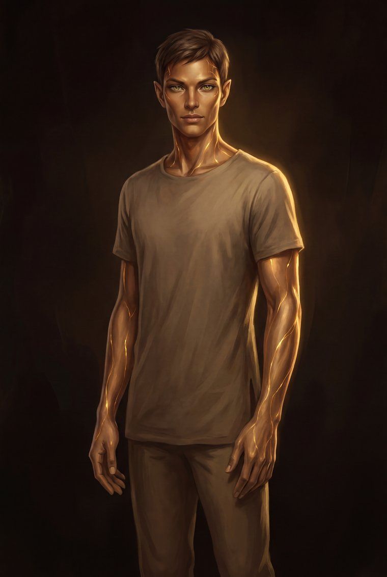 Full-length portrait of Kairos: tall, bronze-skinned, green almond eyes, pointed ears, gold luminescent veins beneath the skin, standing calm and direct in plain clothing