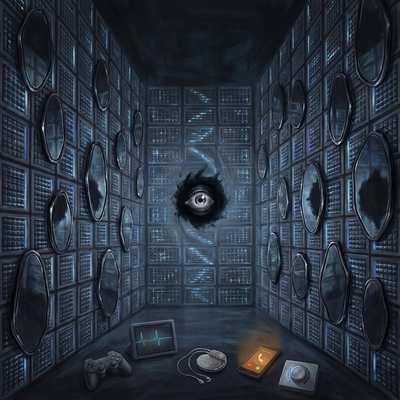 A dark server room hung with mirrors, a single eye watching from a black stain on the wall