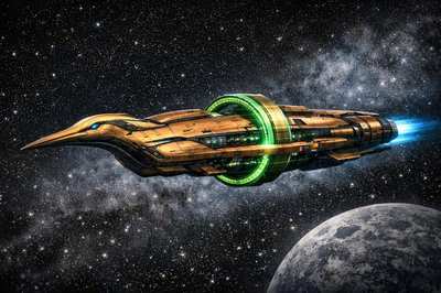 The starship Hesychia, heron-necked and bronze, over the Moon