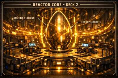 A golden egg-shaped chamber wrapped in amber light, ringed by control stations