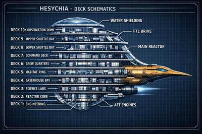 Blueprint-style deck schematic of the starship Hesychia
