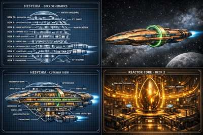 A sheet of four design studies of the starship Hesychia