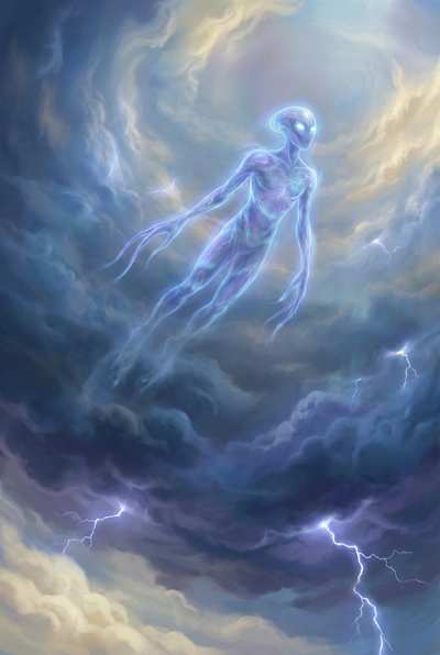 A luminous Zzoertian drifts through towering storm clouds laced with lightning