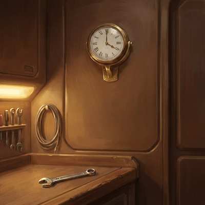 A brass-and-white analog clock on a small bracket above an engineer's workbench, a single combination wrench set down mid-task below it