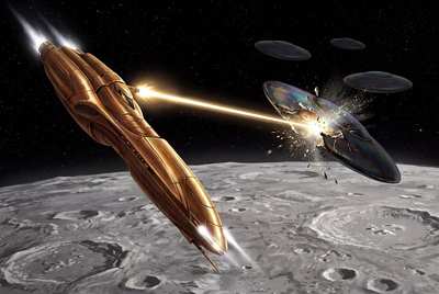 The bronze starship Hesychia pitches end over end above the Moon, her aft laser burning into an iridescent disk as three more hold their distance