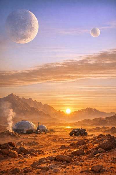 A Mars colony of domes at sunset beneath two moons