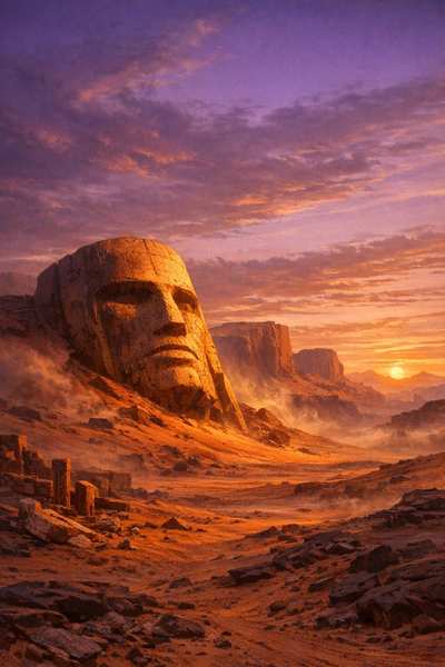 A vast stone face rising from the Martian plain at sunset