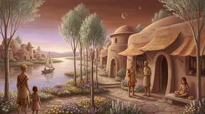 Martians among adobe dwellings along a river with sailing boats