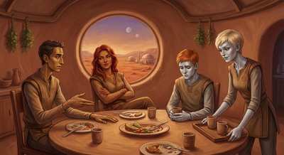 Kairos and Lyra at dinner with two of their children