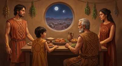A family with golden threads on their arms shares supper in an adobe room, a Martian settlement and two moons through the round window