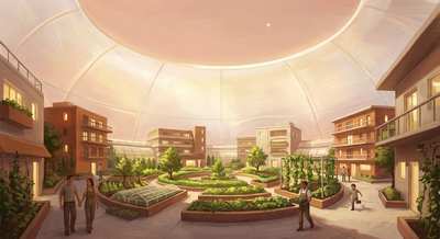 Inside the Biodome: a circular central garden ringed by warm multi-story buildings beneath a glowing pearl dome, colonists walking the paths