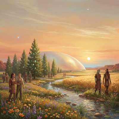Open Martian air: glowing Ares cedars, a stream, wheat and wildflowers before the pearl Biodome, Martians and humans walking together beneath two small moons