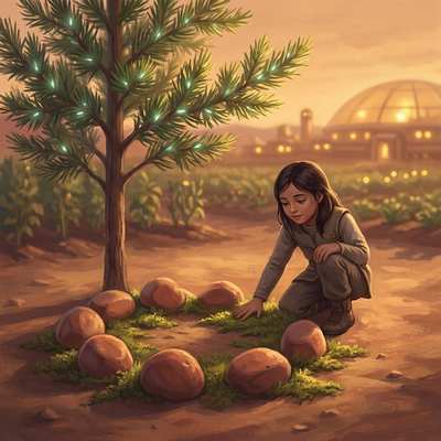 A young girl kneels beside a small ring of seven stones under a faintly glowing cedar, her palm on the moss, a Mars settlement warm in the dusk behind