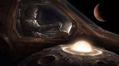A pilot in profile holds station above a small cratered moon, her hand on a lever, a hard light blooming on the surface below, Mars a crescent beyond