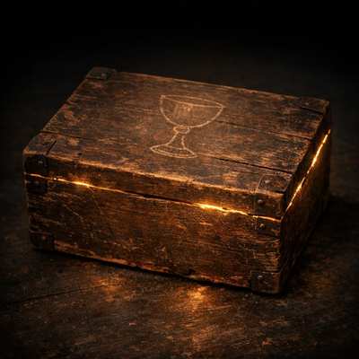 An old wooden box marked with a chalice, light escaping its seams