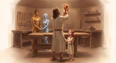 The Carpenter raises the chalice in his workshop as Kairos, Lyra, and a red-haired child look on