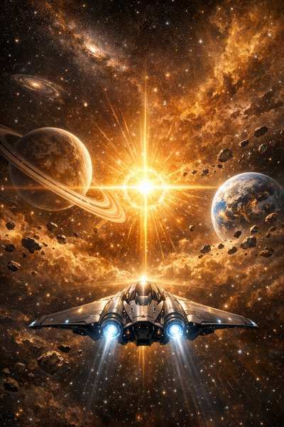 A ship flies toward a golden burst of light between a ringed planet and a blue world