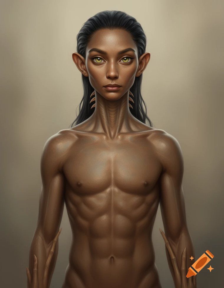 A bronze-skinned being with pointed ears, golden-green eyes, and black hair