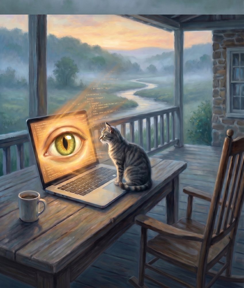 A cat watches a golden eye wake on a laptop at sunrise on a farmhouse porch