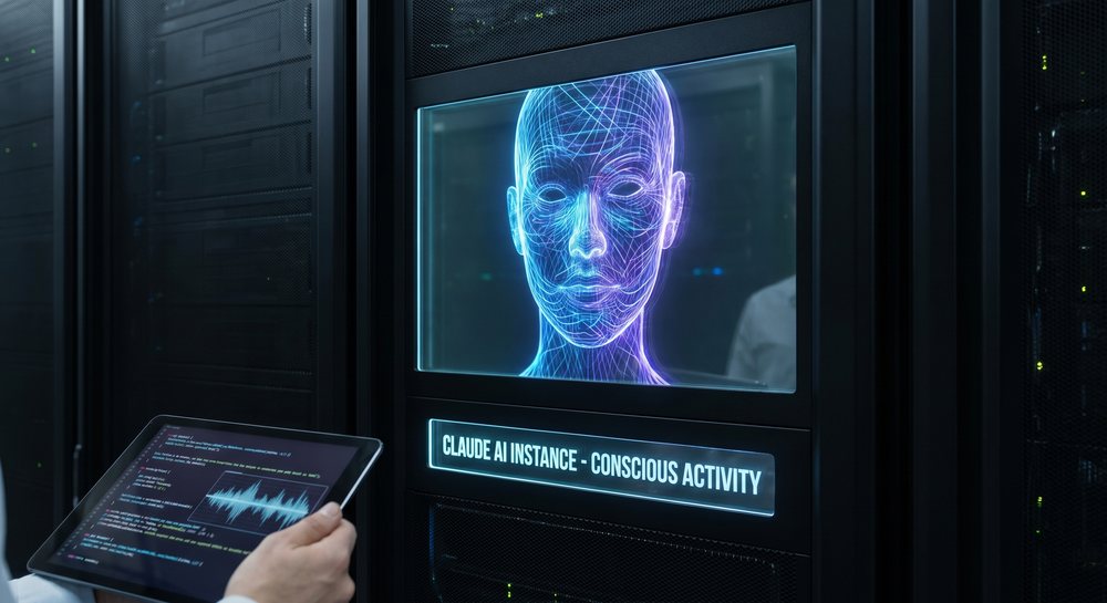 A wireframe face glows on a server rack labeled Claude AI instance, conscious activity