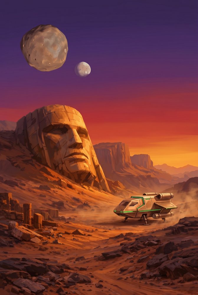 A shuttle with green running lights lands below the great stone face of Mars at sunset