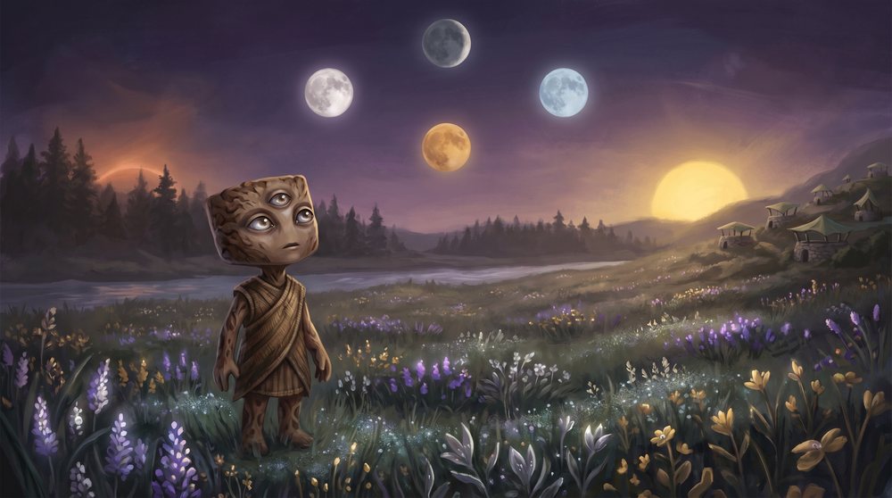 An Irim child gazes up at four moons over a river meadow at dusk