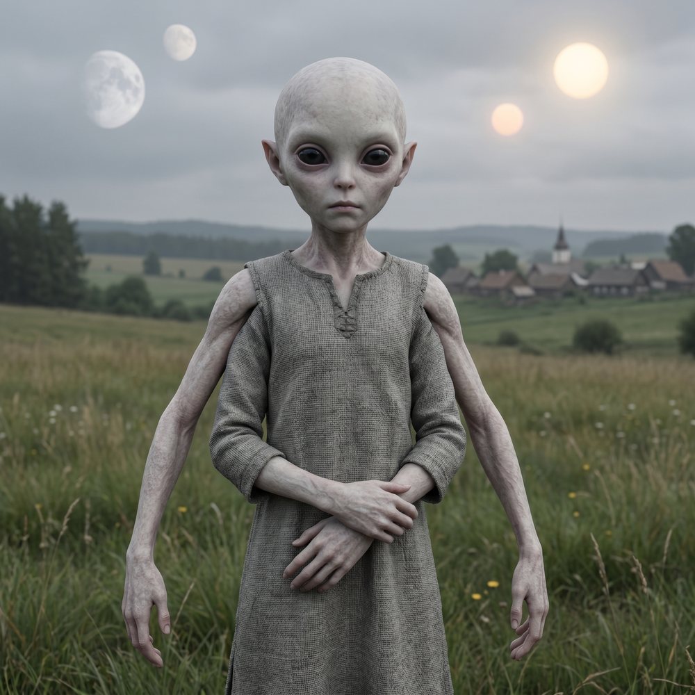 A grey visitor stands in a green field under three suns, a village behind