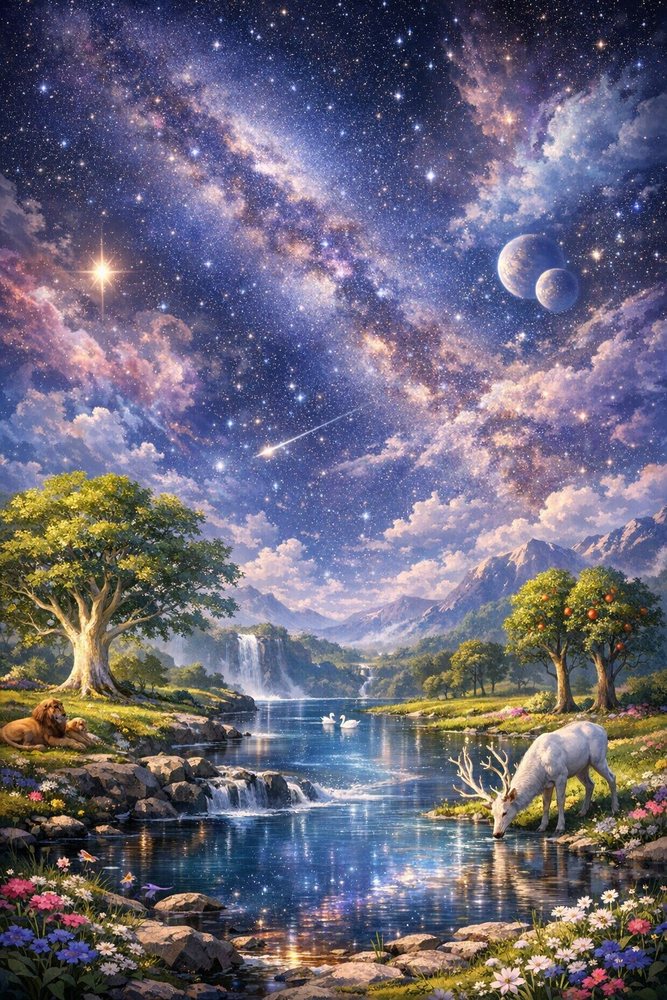A paradise valley under the Milky Way — lion at rest, white deer drinking, orchards in bloom